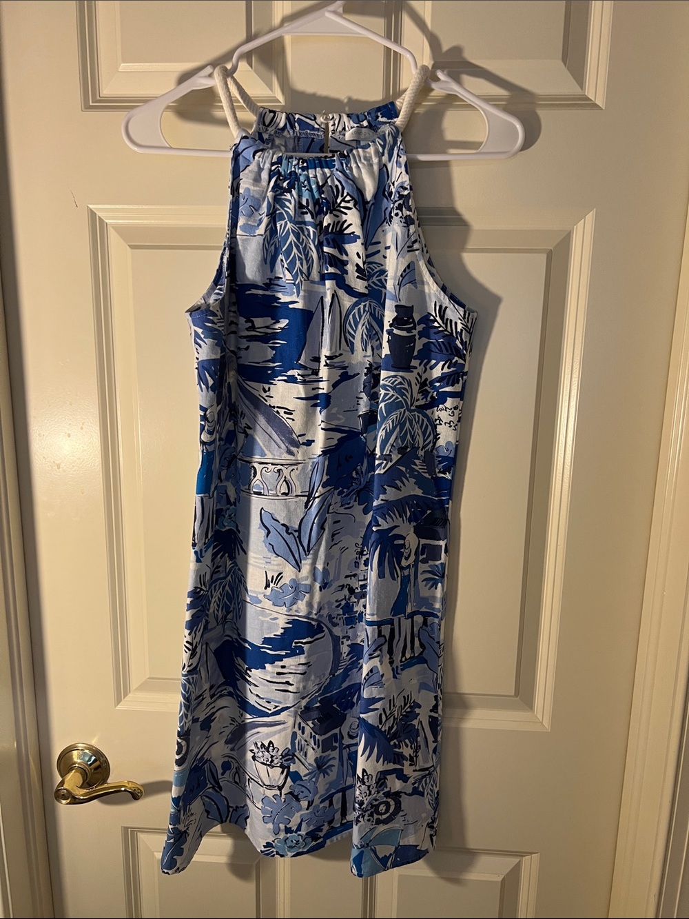 London Times Blue and White Printed Halter Midi Dress
